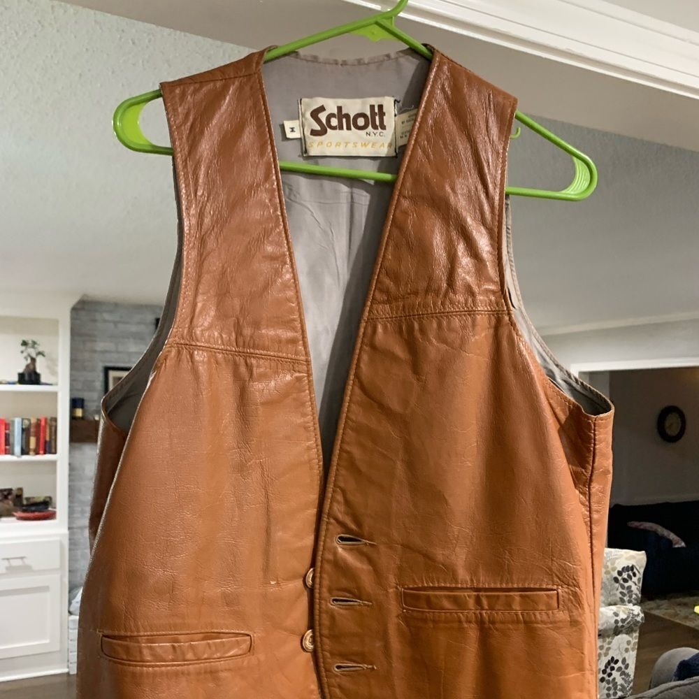 Vtg Schott NYC Caramel Brown Leather Button Up Vest Sz Med Made in USA